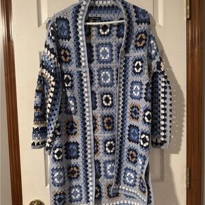 CHARLIE B Crochet Patchwork Open-Front Cardigan - Light Blue, Navy, Cream, Brown